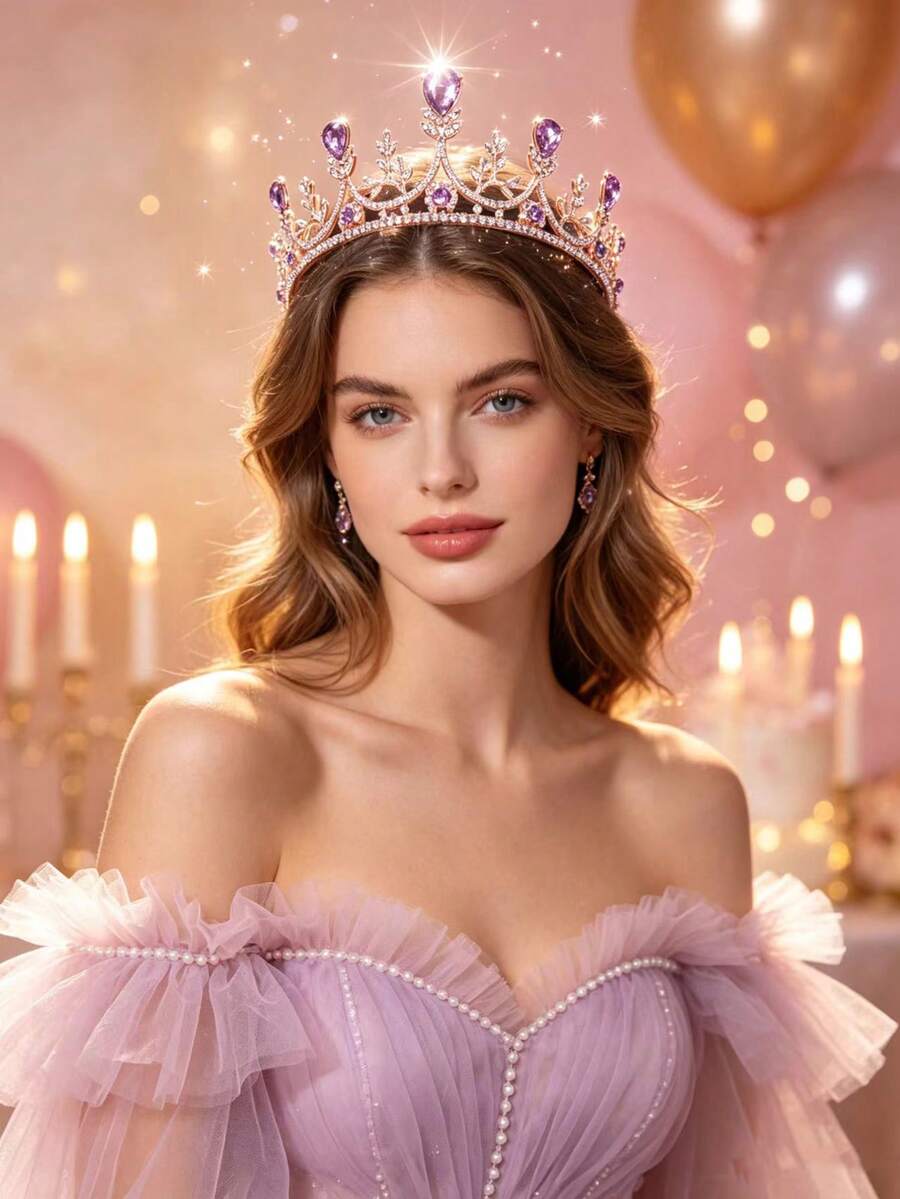 1pc Women's Fashion Princess 3D Crown Sweet Luxury Rhinestone Birthday Hair Accessory Headband - 4165 Purple - View 1