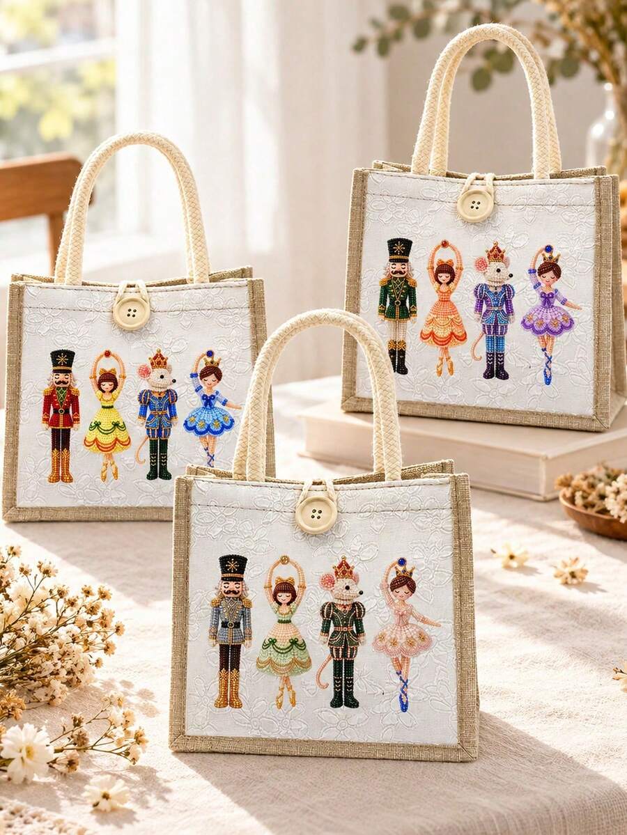 2D Nutcracker Theme Corduroy Handbag, Tote Bag, Includes Christmas Ballet And Other Elements, Shopping Bag, Tote Bag, Multi-Functional Bag, Suitable For Commuting, Christmas Gift (2D Printed Pattern) - Multicolor - View 1