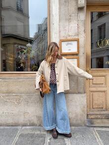 Elegant Fashionable Vintage Collar Colorblock Long Sleeve Button Front Regular Length Jacket Suitable For Autumn/Winter Wear - Khaki - View 6