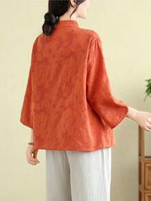 Women's Chinese Style Embroidered Frog Button Jacquard Linen Shirt, Stand Collar Rolled Sleeve 3/4 Sleeve Loose Fit Blouse - Orange - View 3