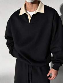Sweatshirt Polo Berkerah Warna-warni Kasual Minimalis Serbaguna untuk Pria Musim Gugur/Dingin - Hitam - View 2