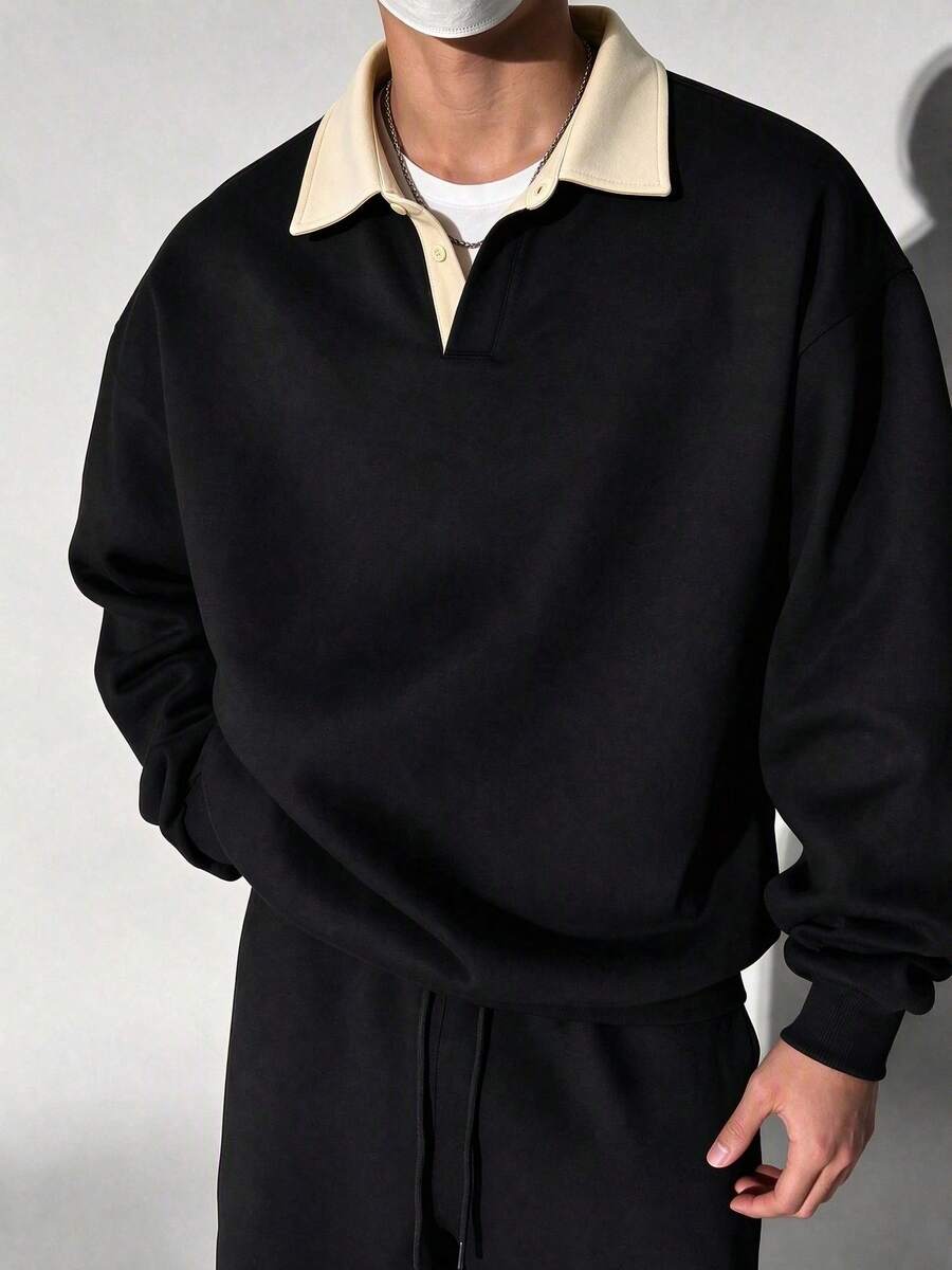 Men's Autumn/Winter Casual Versatile Minimalist Commuter Colorblock Polo Collar Sweatshirt - Black - View 1