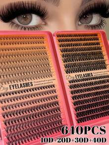 Large Capacity Eyelash Book: 608/640 Pcs D Curl (10D-100D, 9-16mm) Natural/Dense/Fluffy False Eyelashes, DIY Eyelash Extensions Kit For Beginners, Daily Wear, Weddings, Parties, Christmas & Music Festivals, Lash Clusters, Individual Lashes - D - View 2