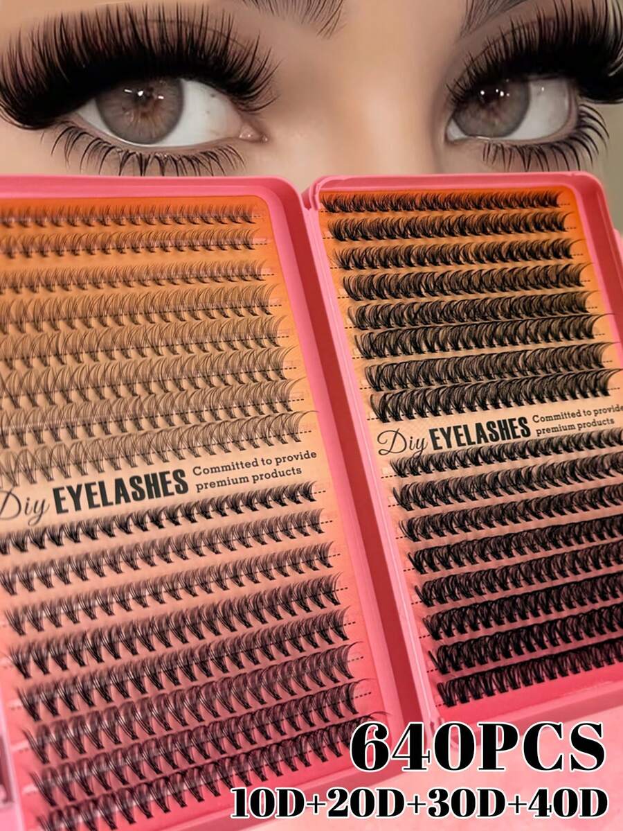 Large Capacity Eyelash Book: 608/640 Pcs D Curl (10D-100D, 9-16mm) Natural/Dense/Fluffy False Eyelashes, DIY Eyelash Extensions Kit For Beginners, Daily Wear, Weddings, Parties, Christmas & Music Festivals, Lash Clusters, Individual Lashes