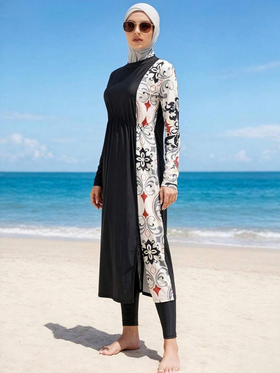 女款布基尼保暖春季可拆卸阿拉伯風印花三件式泳衣，拼色設計，保守遮蓋，適合衝浪，防紫外線