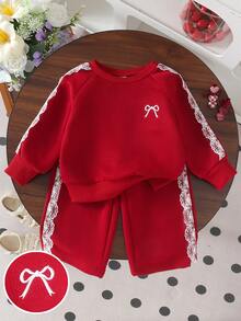 2pcs Baby Girl Sweet Lace Trim Long Sleeve Sweatshirt & Matching Straight Leg Pants Set, Casual Autumn/Winter - Red - View 1