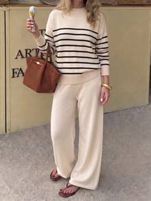Women's Striped Round Neck Long Sleeve Knit Sweater And Wide Leg Pants Set, Casual 2 Pieces Loungewear For Autumn, Winter And Spring - Apricot Stripes - View 3