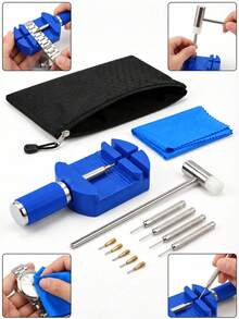 1 Set Watch Repair Tool Kit, Includes Strap Remover, Watch Pin Remover, Double-Headed Hammer, Cleaning Cloth And Storage Bag, Metal Watch Band Link Adjustment Repair Tool, Suitable For Watch Band Size Adjustment And Daily Maintenance - Blue - View 10