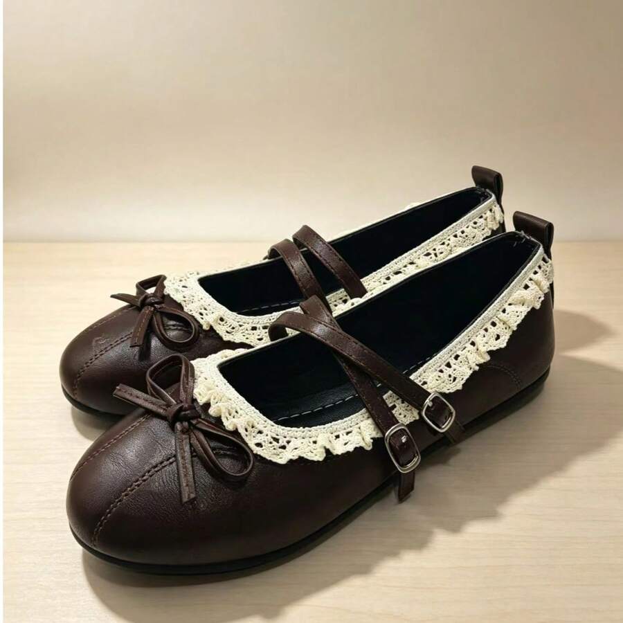 Women's Vintage Buckle Bow Lace Trim Round Toe Mori Style Mary Jane Shoes, All Season - Brown - View 1