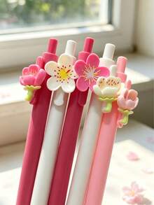4pcs/Set Random Flower Pattern Retractable Ballpoint Pens, Multiple Designs, Simple Printed Pens, Suitable For Weddings, Parties, Daily Use, Gifts, Perfect Valentine's Day Gift For Friends And Family - A - View 2