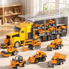 TEMI 7-In-1 Children's Vehicle Set, Suitable For Children 3 Years And Older, Includes 6 Die-Cast Construction Vehicles, Light-Up And Sound-Emitting Trucks, Traffic Signs, Perfect Gift For Birthday And Christmas (Accessory Colors Random) - Yellow - View 4