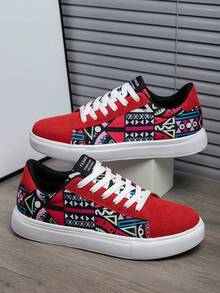 Red Bottom Colorful Geometric Casual Sneakers, Thick Sole Height-Increasing Versatile Men's Shoes, Niche Design Streetwear Shoes - White Red - View 6