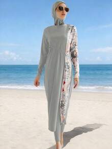 Women's Conservative High Neck Burkini Swimwear, High Elasticity Fabric For Wear Vacation Summer Beach - Grey - View 6