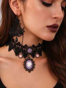 Vintage Gothic Black Lace Choker With Purple Embossed Rose Pendant & Earrings Set For Women, Halloween - Multicolor - View 10