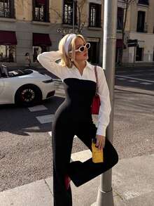Fashionable Women's Woven Fabric Jumpsuit, Long Sleeve With Collar, Elegant Wide Leg Design, Suitable For All Seasons, No Belt - Black - View 8