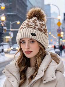 1pc Women's Autumn/Winter Leopard Print Pom Pom Knitted Hat, Fashionable Versatile Windproof Warm Ear-Protective Beanie, Suitable For Daily Outdoor Wear - Multicolor - View 7