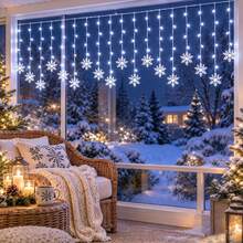 1PC Christmas Decoration With 96 LED USB Power Snowflake Curtain Light String, 8 Lighting Modes, Suitable For Outdoor Gardens, Terraces, Yards, Homes, Fireplaces, Windows, Christmas, New Year, Holiday Party Decoration - Curtain Lights - View 1