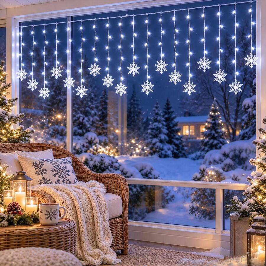 1PC Christmas Decoration With 96 LED USB Power Snowflake Curtain Light String, 8 Lighting Modes, Suitable For Outdoor Gardens, Terraces, Yards, Homes, Fireplaces, Windows, Christmas, New Year, Holiday Party Decoration - Curtain Lights - View 1