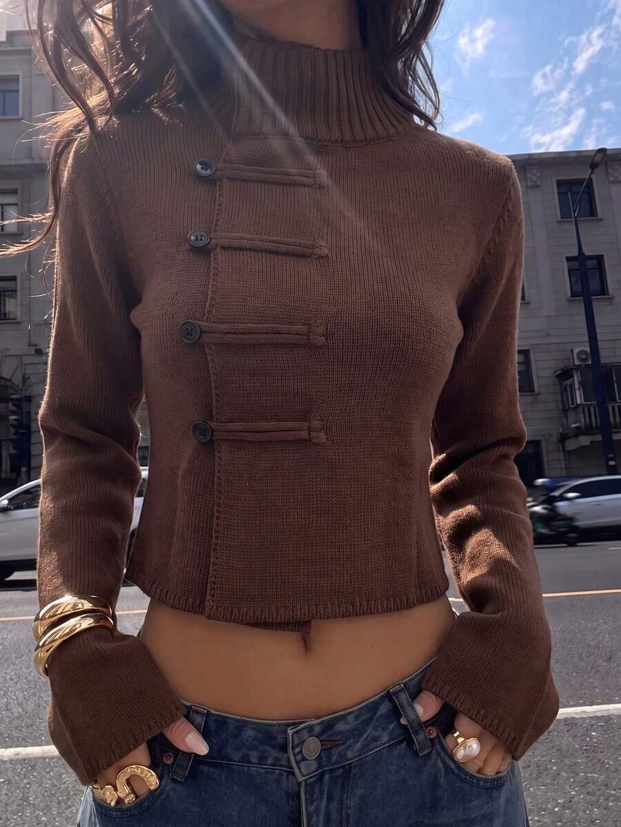 Autumn/Winter Vintage New Chinese Style Dark Brown Asymmetrical Collar Frog Button Half-High Neck Knitted Top Women Short Cinched Waist Flared Long Sleeve National Style Sweater Cardigan Solid Color Front Button Ribbed Pocket College - Chocolate Brown - View 1