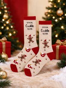 1 Pair Men's Christmas Gingerbread Man Mid-Calf Socks, Cartoon Gingerbread Man Mid-Calf Socks, Fun Text & Snowflake Pattern, INS Style Quirky Gingerbread Man Christmas Mid-Calf Socks, Creative English Print Holiday Outfit Socks - Multicolor - View 4