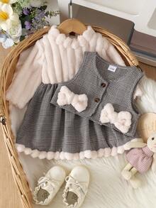 2pcs Baby Girl Cute Comfortable Plaid Vest & Plush Patchwork Plaid Long Sleeve Dress Set, Autumn/Winter - Apricot - View 1