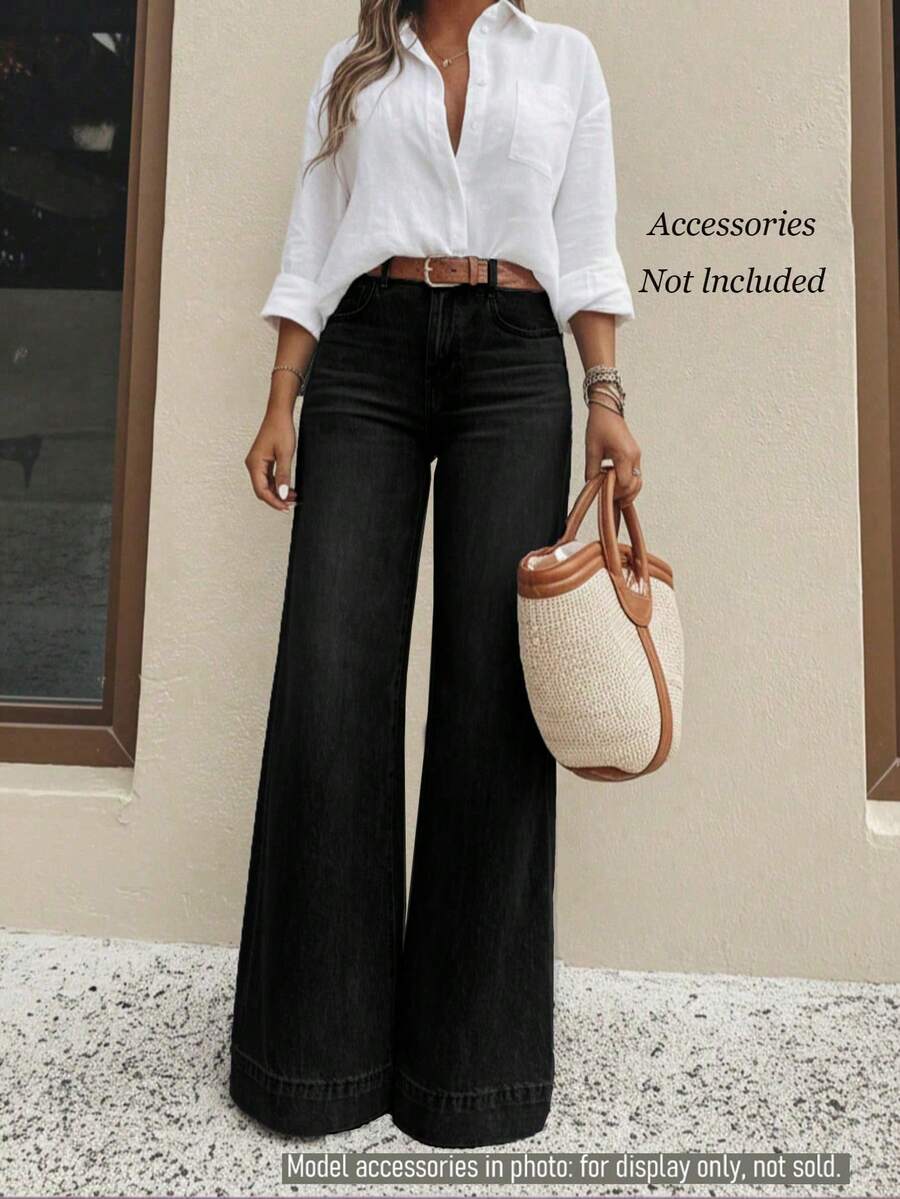 Women's Petite Washed Stretch Denim Pants, Suitable For Commuting In All Seasons, Flared Leg - Black - View 1