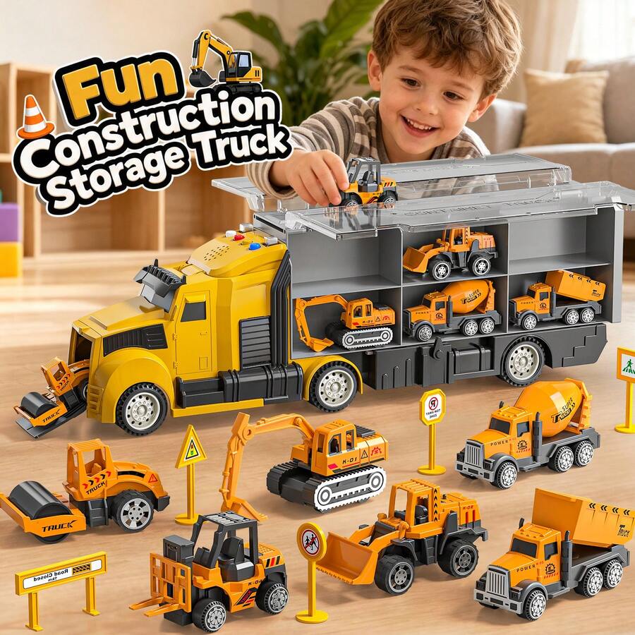 TEMI 7-In-1 Children's Vehicle Set, Suitable For Children 3 Years And Older, Includes 6 Die-Cast Construction Vehicles, Light-Up And Sound-Emitting Trucks, Traffic Signs, Perfect Gift For Birthday And Christmas (Accessory Colors Random) - Yellow - View 1