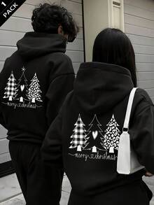 Women's Fleece Hooded Sweatshirt, Christmas Tree & Heart Pattern, Merry Christmas Text, Y2K Style, Autumn/Winter - Black - View 7