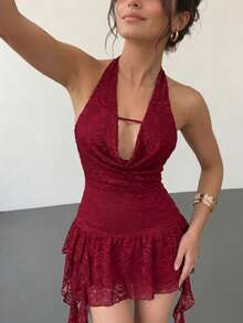 SUNSTORY Women's Autumn Elegant Sexy Low-Cut Asymmetric Ruffle Spaghetti Strap Short Dress, Suitable For Party, Gathering, Holiday, Birthday Party - Burgundy - View 3