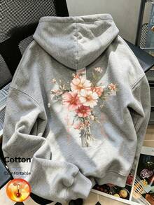 Women's Floral Print Y2K Style Fleece Hoodie For Autumn/Winter - Floral Gray - View 2