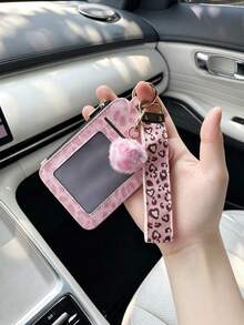 1PC Fashion Leopard Print Fur Ball Pendant PU Card Holder ID Badge Holder Lanyard Multifunctional Car Key Chain Keychain - Random Style - View 3