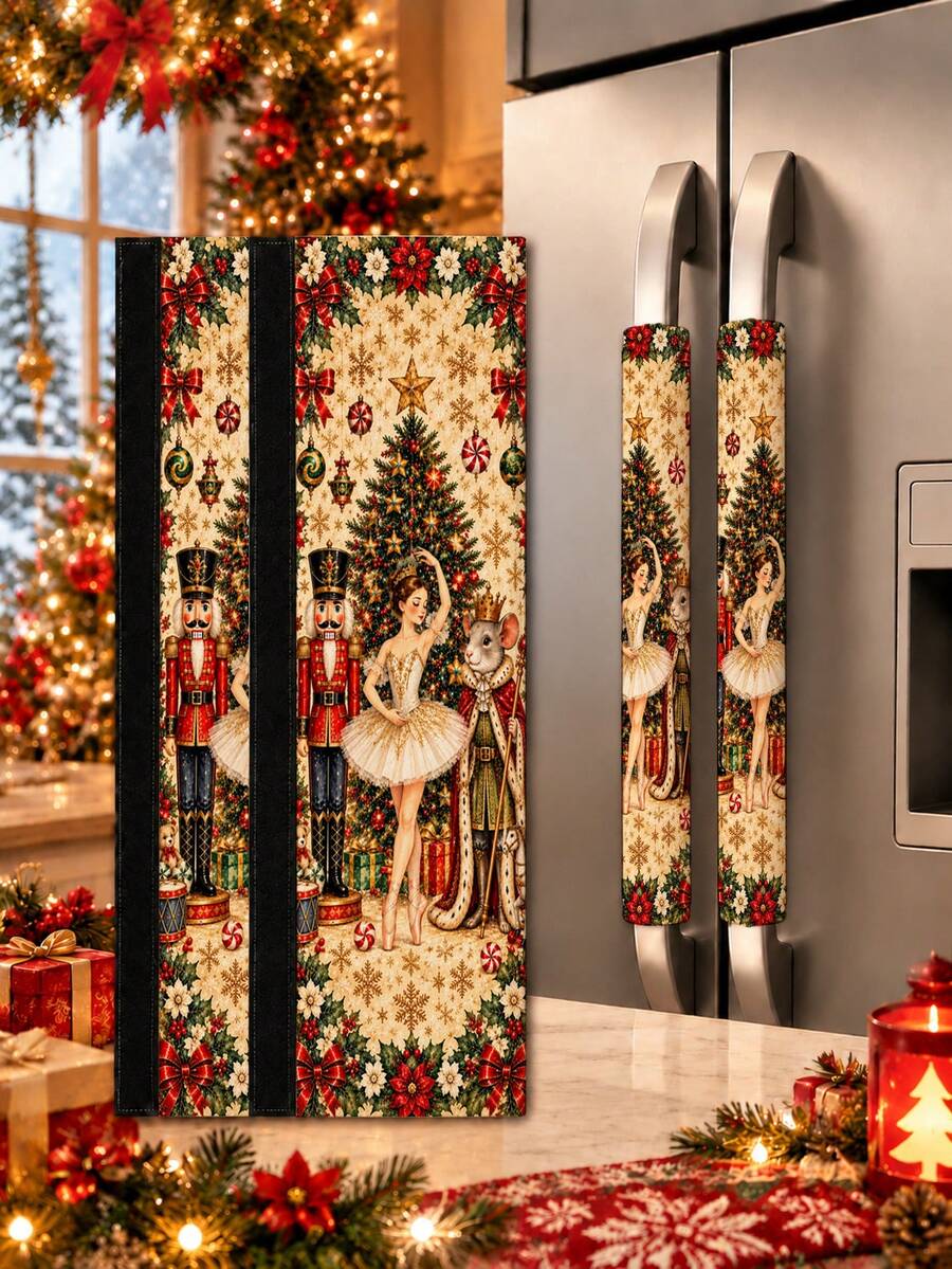 2pcs/Set New Christmas Nutcracker Pattern Refrigerator Handle Covers, With Hook-And-Loop, Ideal For Housewarming Or Kitchen Decor. Suitable For Refrigerator, Microwave And Oven. These Fabric Handle Covers Not Only Reduce Wear And Tear, But Also Serve As Perfect Home Decor And Essential Christmas Decoration. - Multicolor - View 1