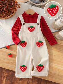 2pcs Baby Girl Sweet Cool Street Style Solid Color Ribbed High Neck Top & Strawberry Decor Corduroy Overalls Set, Thin Spring/Autumn - Burgundy - View 1