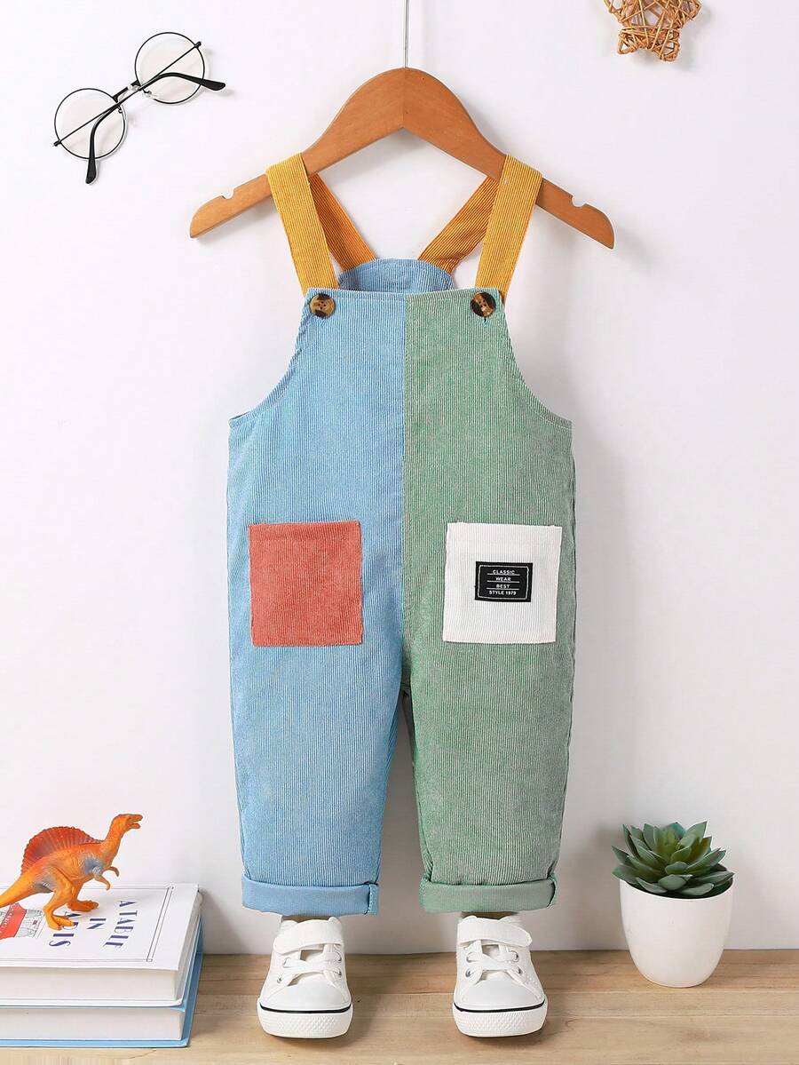 1pc Boys' Colorblock Corduroy Overalls, All-Match Versatile Casual Soft Jumpsuit, Suitable For Daily Wear, School, Commuting, Holiday Parties, Travel, Spring/Autumn/Winter Wear Or Layering - Multicolor - View 1