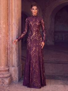 Elegant Women's Lace Long Sleeve Dress, Ruffle Collar With Stand Collar And Zipper, Charming Flared Skirt, Suitable For Special Occasions - Dark Purple - View 6