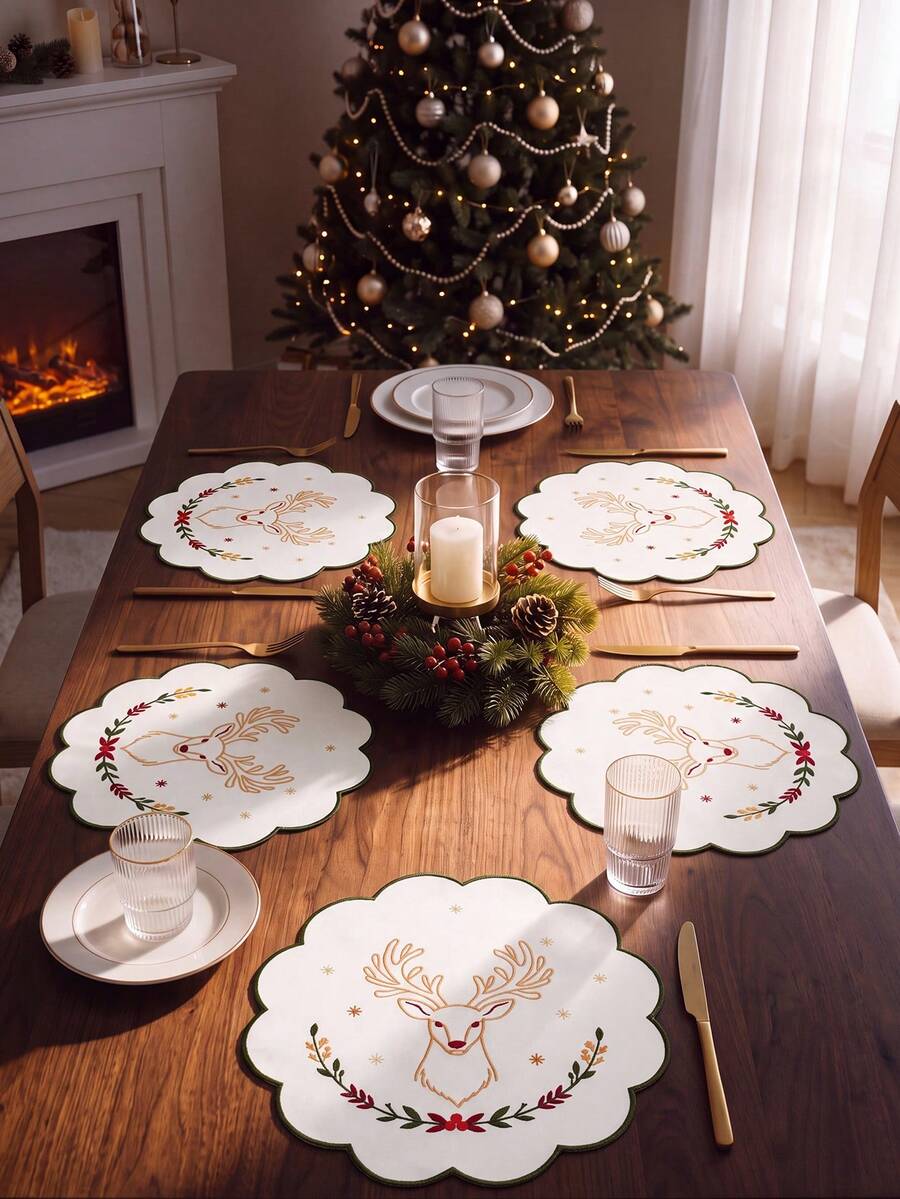 4pcs Christmas Polyester Fabric Embroidered Woven Placemats, Non-Slip Heat-Resistant Table Mats, Odorless, Durable Washable Dish Pads, Practical Highly Attractive Table Mats, Suitable For Restaurants, Cafes, Homestays, Applicable For Holidays, Parties, Gatherings, Birthdays, Weddings, Dinners. - Multicolor - View 1