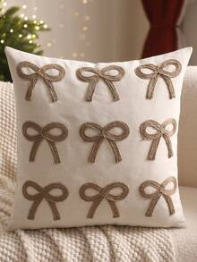 1 buah/2 buah Sarung Bantal Dekoratif Natal dengan Pita, Bordir Kanvas & Tali Rami, Hadiah Liburan Musim Dingin untuk Ruang Tamu, Sofa, dan Kamar Tidur - Krem - View 1