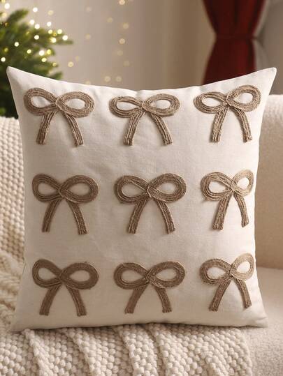 1pc/2pcs Christmas Decorative Pillow Case With Bow, Canvas & Hemp Rope Embroidery, Winter Living Room Sofa Bedroom Holiday Gift