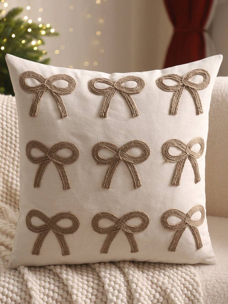 1 buah/2 buah Sarung Bantal Dekoratif Natal dengan Pita, Bordir Kanvas & Tali Rami, Hadiah Liburan Musim Dingin untuk Ruang Tamu, Sofa, dan Kamar Tidur - Krem - View 1