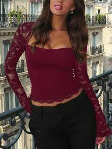 Women's Solid Color Lace Patchwork Long Sleeve Cropped T-Shirt, Slim Fit Sexy Party Nightclub Top, Spring/Summer/Autumn - Burgundy - View 3