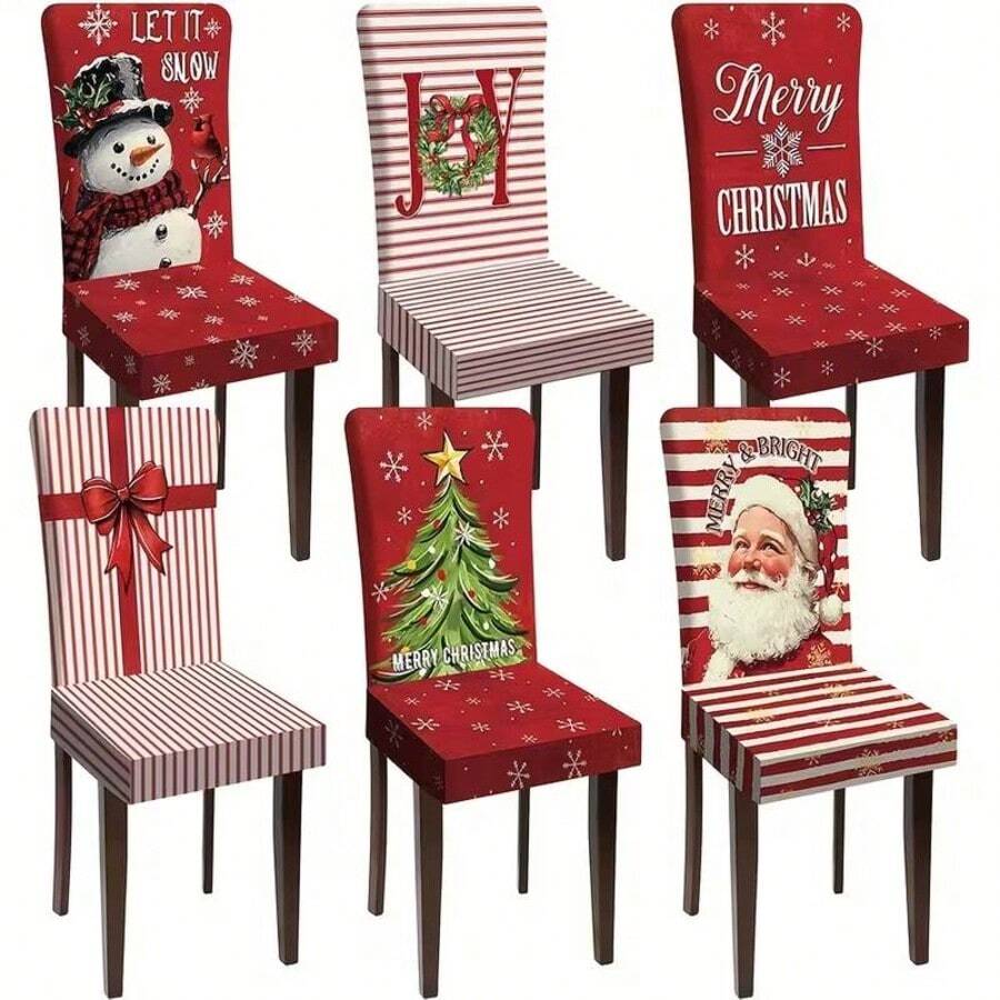 6pcs Assorted Christmas Print Stretch Dining Chair Cover, Snowman Santa Christmas Tree Mixed Pattern Removable Washable Elastic Chair Slipcover, Xmas Dining Room Home Decor - Multicolor - View 1