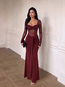 1pc Solid Color Sexy Knit Fabric Sheer Dress For Evening Date, Beach Vacation, Autumn - Burgundy - View 1