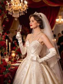 1 Pair Champagne Long Bridal Gloves, Evening Dress Accessory, Satin Elbow Length, Suitable For Wedding, Evening Party - Multicolor - View 2