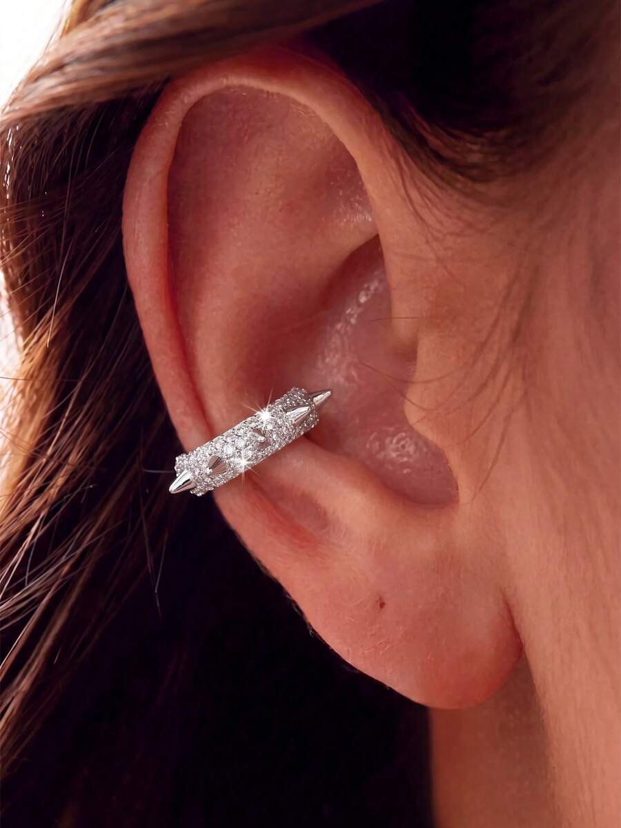 1pc Cool Punk Style Silver Plated Ear Cuff, Fully Pave High Transparency Shiny Cubic Zirconia, Sharp Rivet Design, Faux Piercing Jewelry, Women's Street Nightclub Party Personalized Accessory - Ear Cuff - View 1