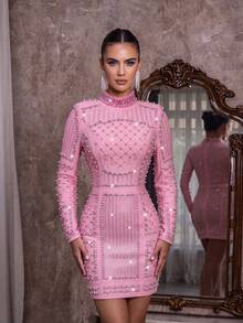 Modphy New Women's Sexy Stand Collar Long Sleeve Heavy Embellished Rhinestone Studded Design Fitted Mini Bandage Dress, Elegant Ball Party Dress - Pink - View 4
