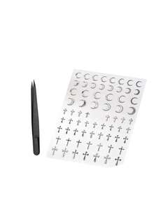 1pc Autumn/Winter New Silver Foil Moon & Cross Face Sticker, Silver Cross And Moon Design With Foil Craft, Creates Mysterious Elegant Futuristic Vibe, Suitable For Y2K Futuristic Punk Style Makeup Decoration - Multicolor - View 7