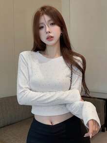Áo thun tay dài ngắn đính đá phong cách hot girl mới đầu thu (có đệm vai) - trắng - Xem 4