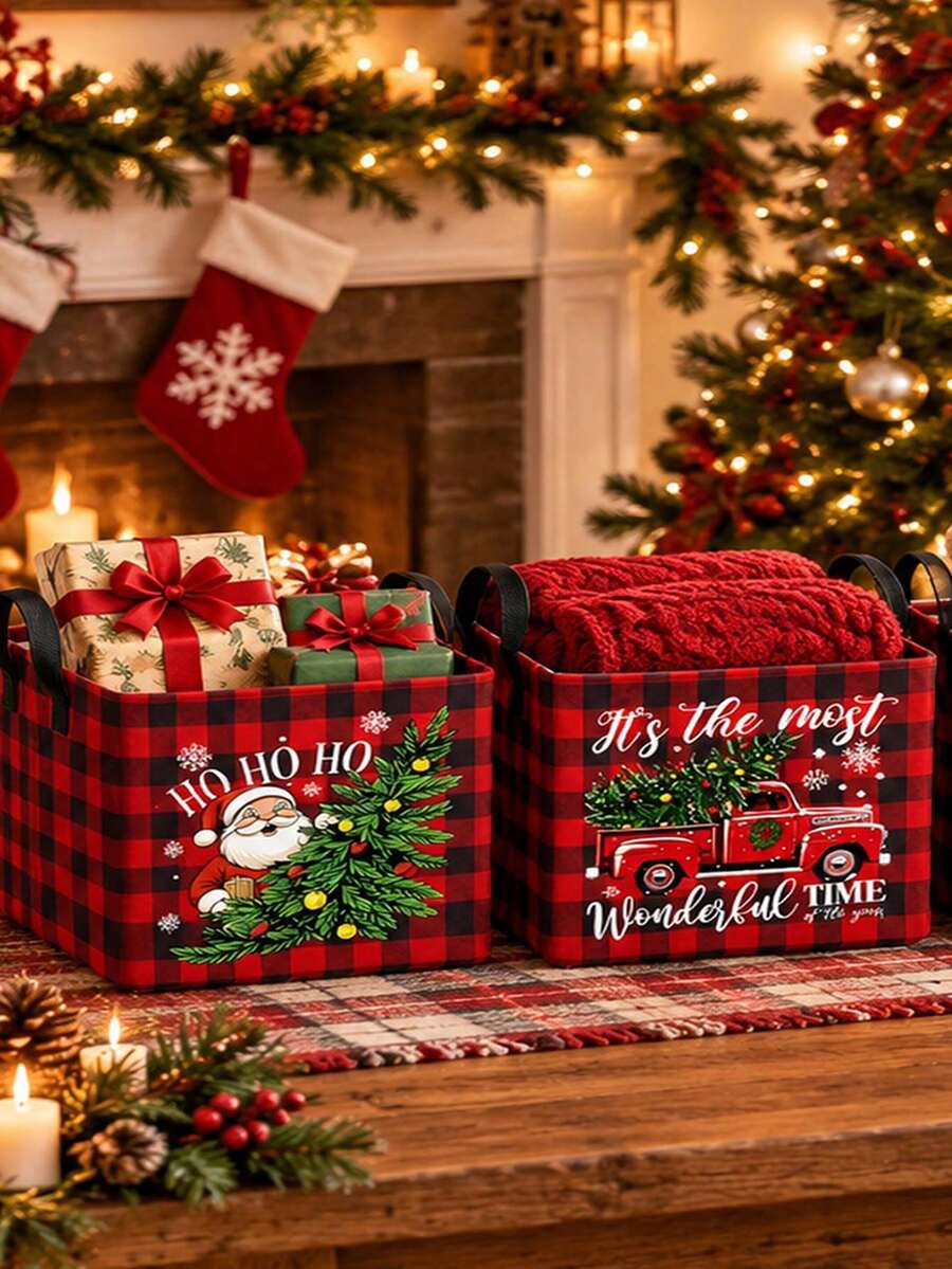 This Open-Style Santa Claus Storage Basket/Bin Features A Festive Red Plaid Design And Convenient Handles; Collapsible And Suitable For Storing Clothing, Accessories, And Cosmetics, It Is An Ideal Choice For Home Organization. - Multicolor - View 1