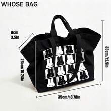 Large Canvas Tote Bag, Black White Checkered Rabbit Pattern Shoulder Handbag, Reusable Shopping Bag For School Work Travel Daily Use, Bag - Multicolor - View 3