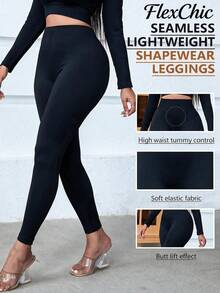 FLEXCHIC Plus Size Women's Solid Color Wide Waist Leggings - Black - View 1